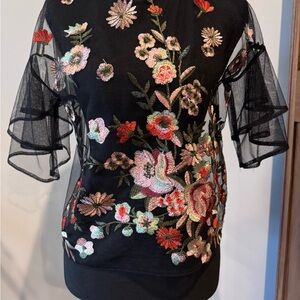 Haute Monde Black Sheer Floral Embroidered Blouse